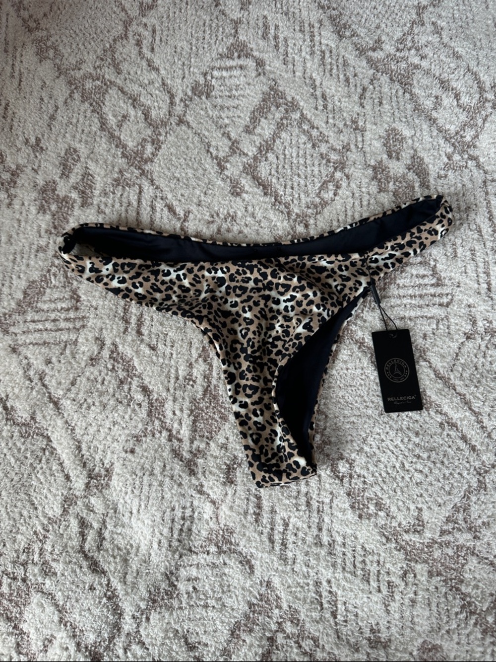Leopard Print Bikini Bottom Size L NWT Cheeky High Cut Swim Relleciga Black Tan